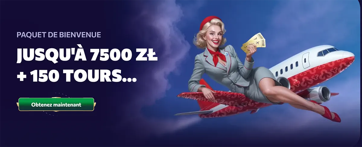 Casino welcome bonus banner featuring a retro-style flight attendant holding tickets while flying on an airplane, promoting a welcome package up to 7,500 PLN with 150 free spins and a “Get now” call-to-action button.